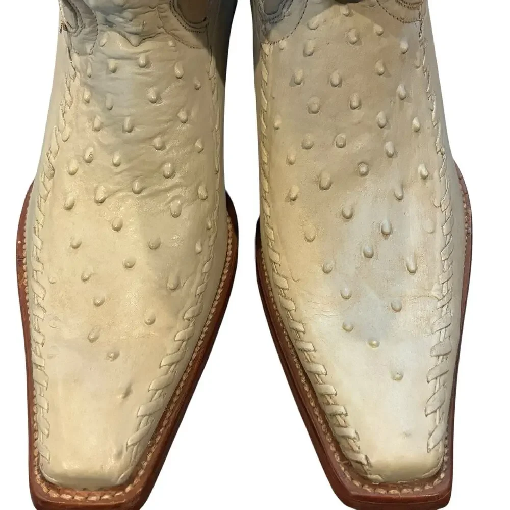 Vintage Aguila Real Ostrich Leather Cowboy Boots US 10 Exotic Pointed Toe Cream